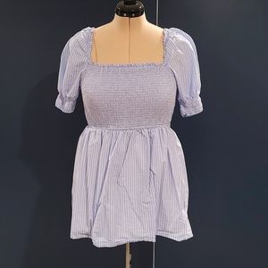 Fore Size M Stretchy Square Neck Pinstripe Baby Blue Mini Dress/Shirt